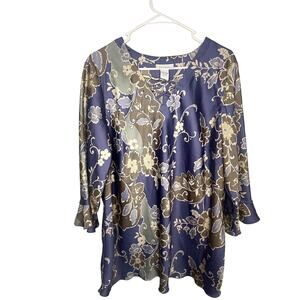 Avenue Shirt Womens 18/20 Plus Size Boho Paisley Blue Brown Floral Bell Sleeve